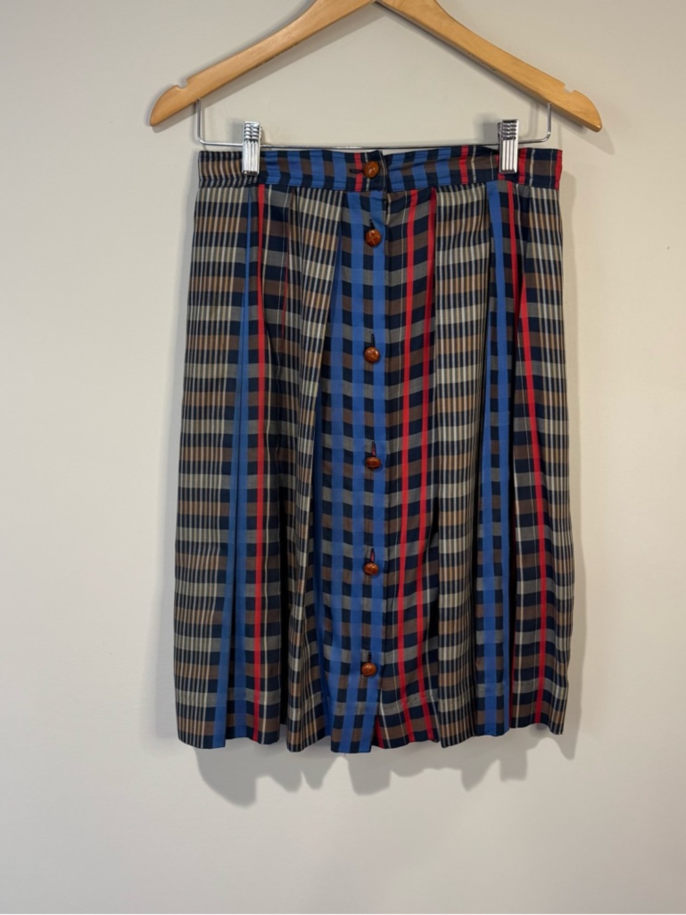 Chaus Petites Blue Red Plaid Pleated Button Front Skirt Preppy Academia Size 10P